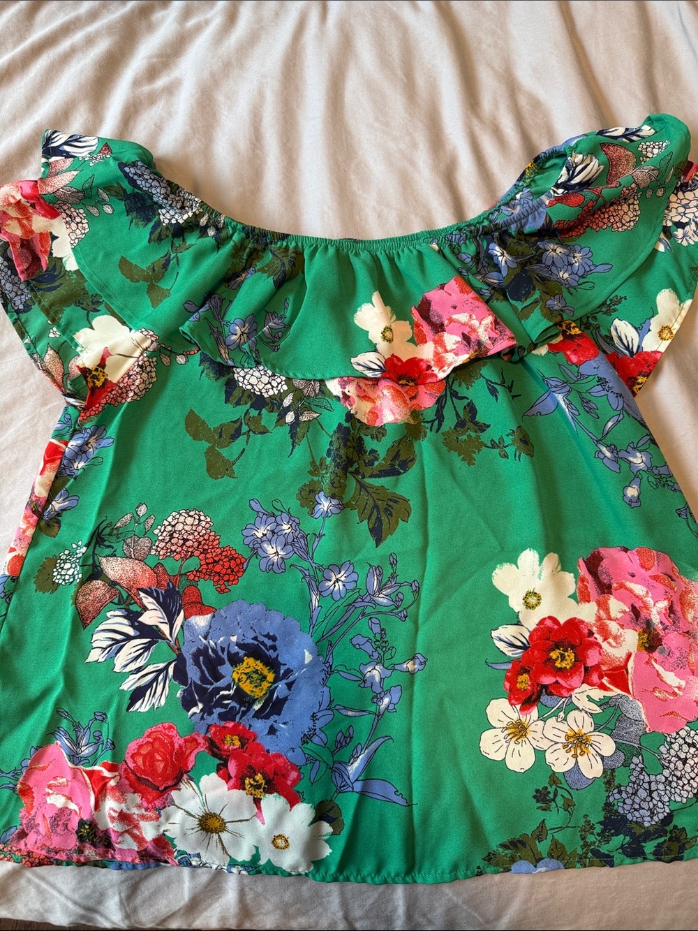 Xhilaration Green Floral Ruffle Off-Shoulder Top